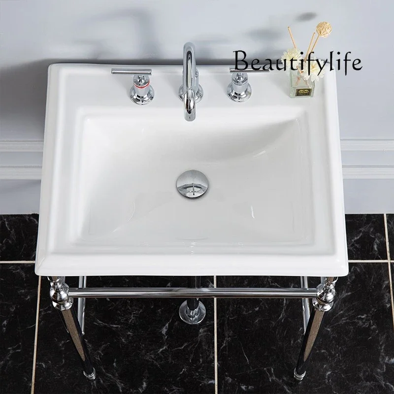 BJ Retro Square Ceramic Basin, Four-legged Double-layer Bracket, Wash Basin, Classic Single Three-hole Designer Model.
