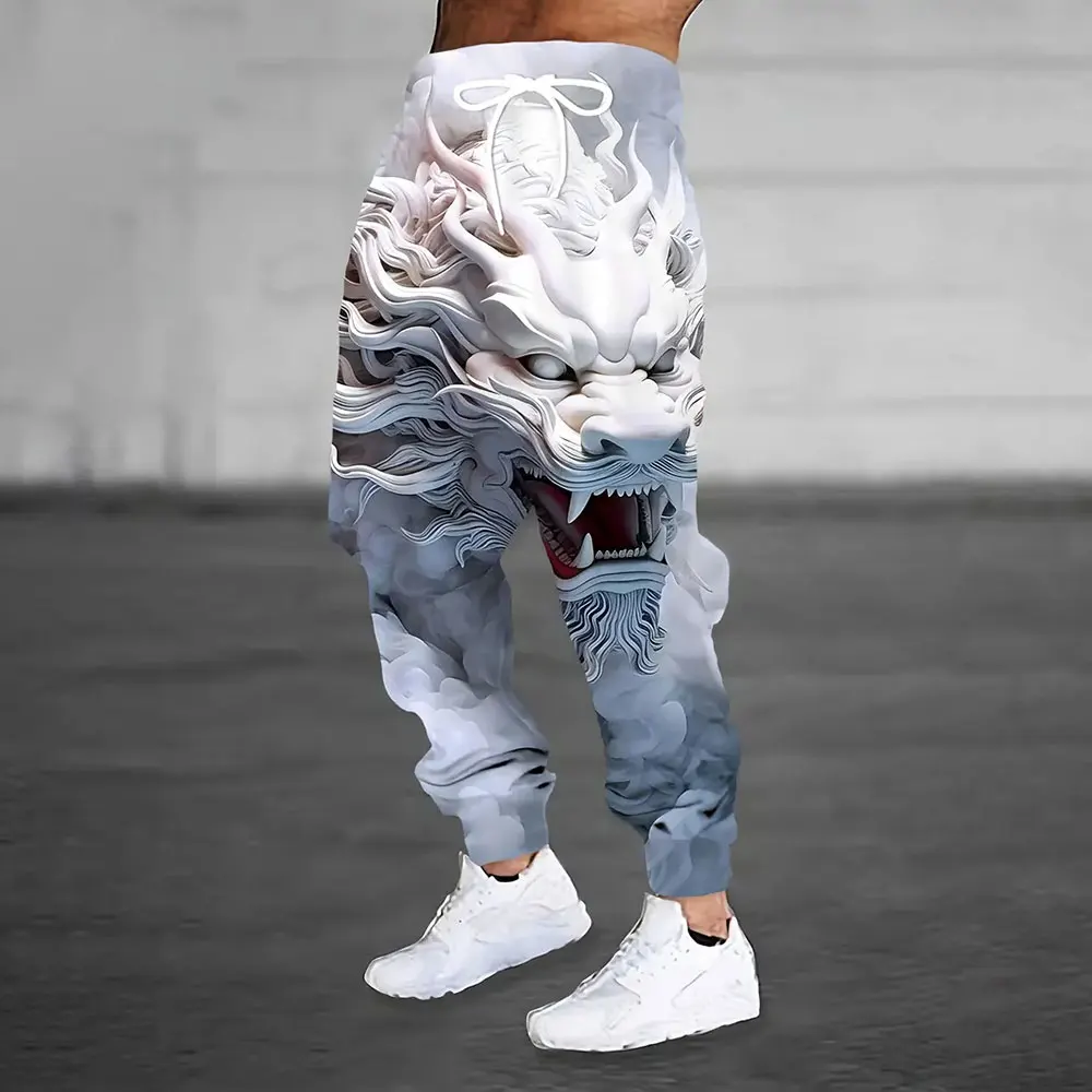 Men\'s Large Size Loose Pocket Draw Rope Sports Sweatpants Winter New Thick Warm Sweatpants Fashion Dragon Print Sweatpants