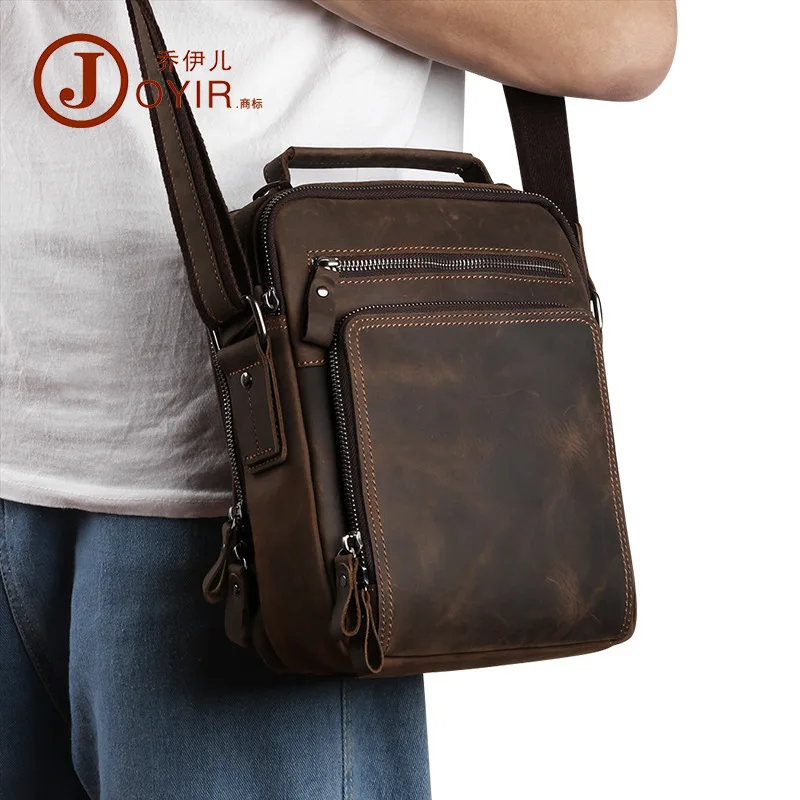 Customized Shoulder Bag Men's Leather Bag Crazy Horse Leather Crossbody Bag Casual Retro Large Capacity Men's Real-Leather Bag C