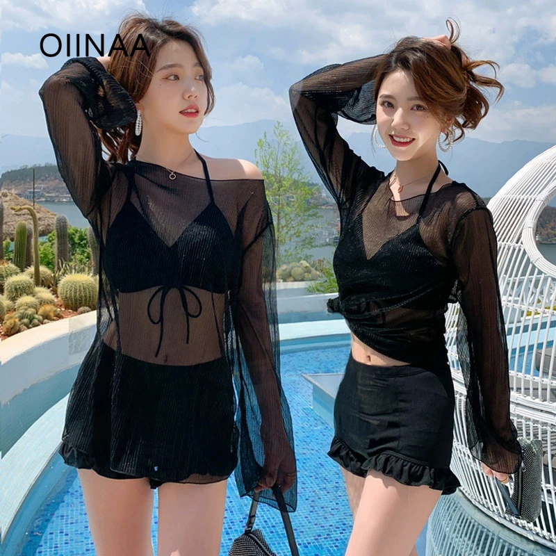 

OIINAA Sexy Bikini Set Women Mesh Long Sleeve Cover-Ups High Waisted Ruffled Split Swimsuit Summer 2025 New Korean Bathing Suit