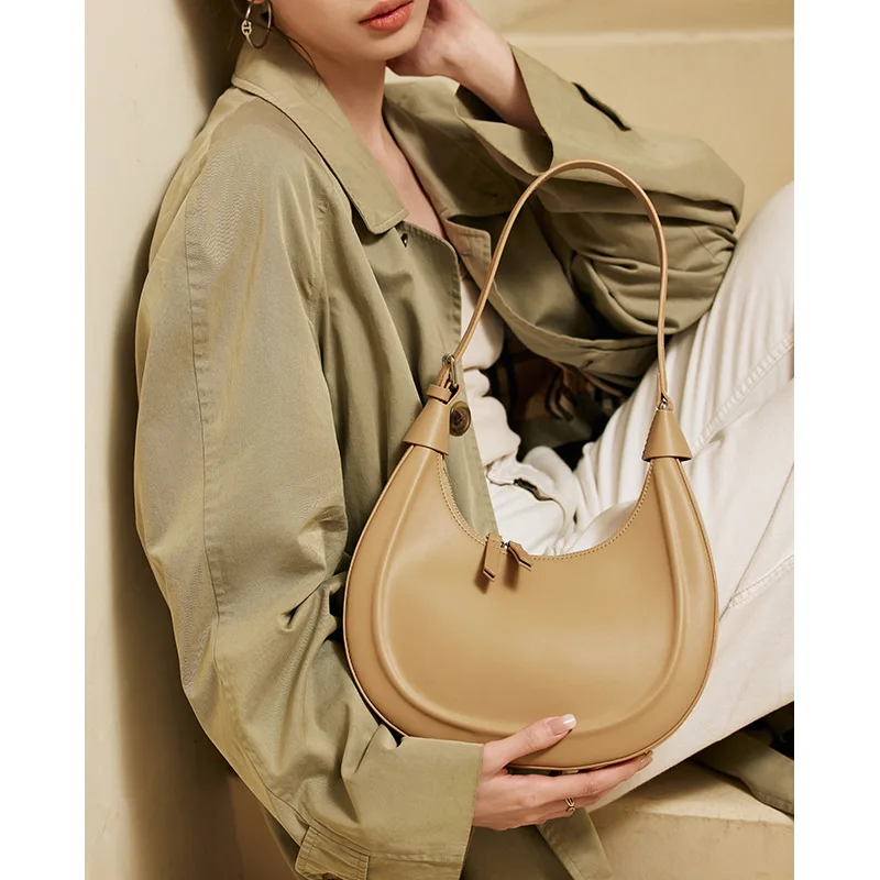 ZR DIARY Split Leather Circular Bags Women Shoulder Bags Zipper Closure Female Vintage Underarm Crescent Bag 9016