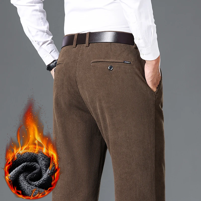 

Новые зимние вельветовые толстые брюки, мужские флисовые модные деловые прямые брюки, брендовые удобные бархатные теплые плюшевые свободные брюки