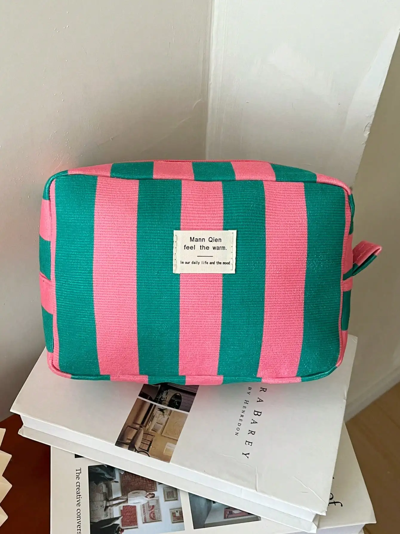 Striped Canvas Cosmetic Bag With Handle, Colourful Makeup Bag for Women Travel Toiletry Organizer For