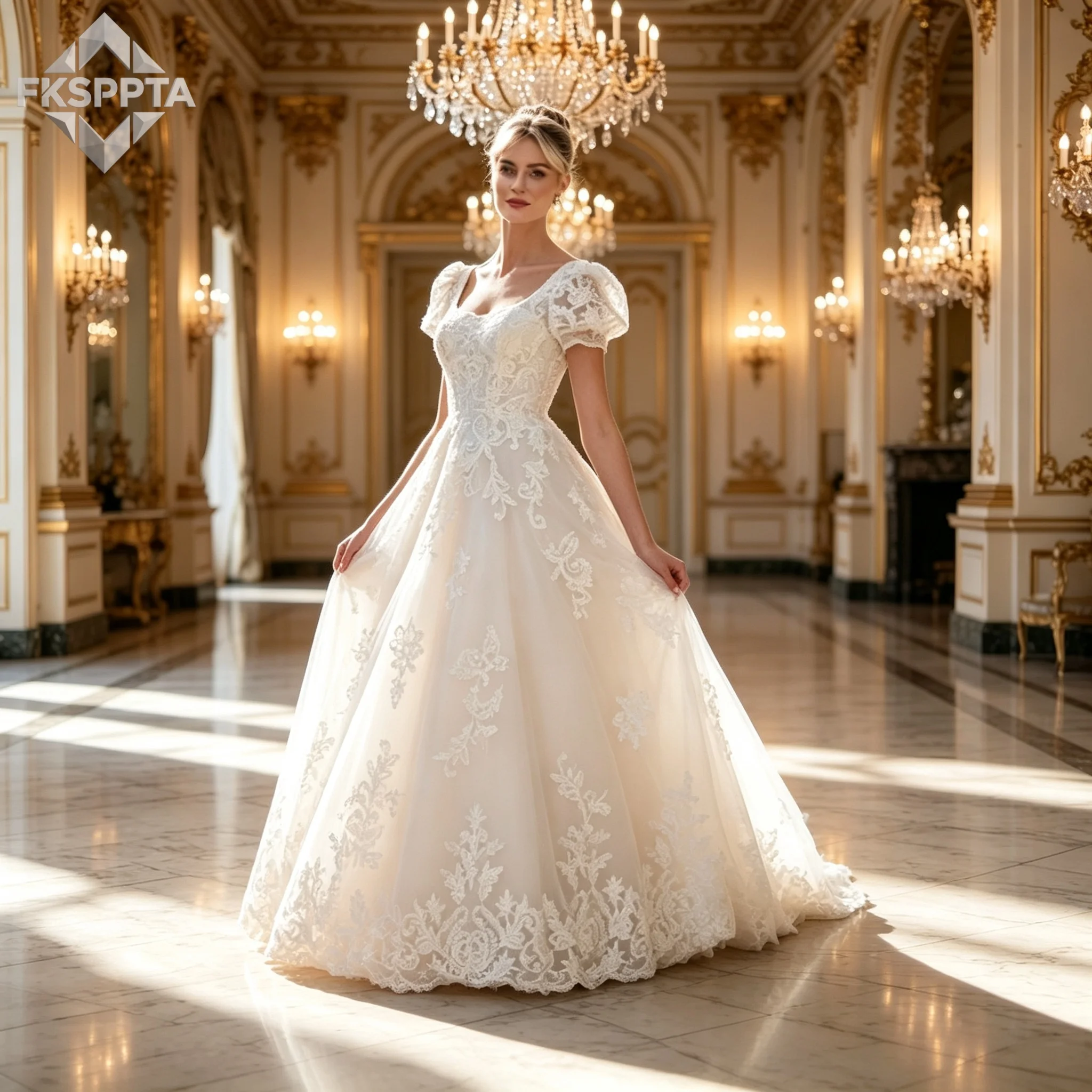 High Quality Long A Line Wedding Dress Lace Appliques Tulle Short Sleeves 2026 Classic Wedding Bride Gowns Plus Size