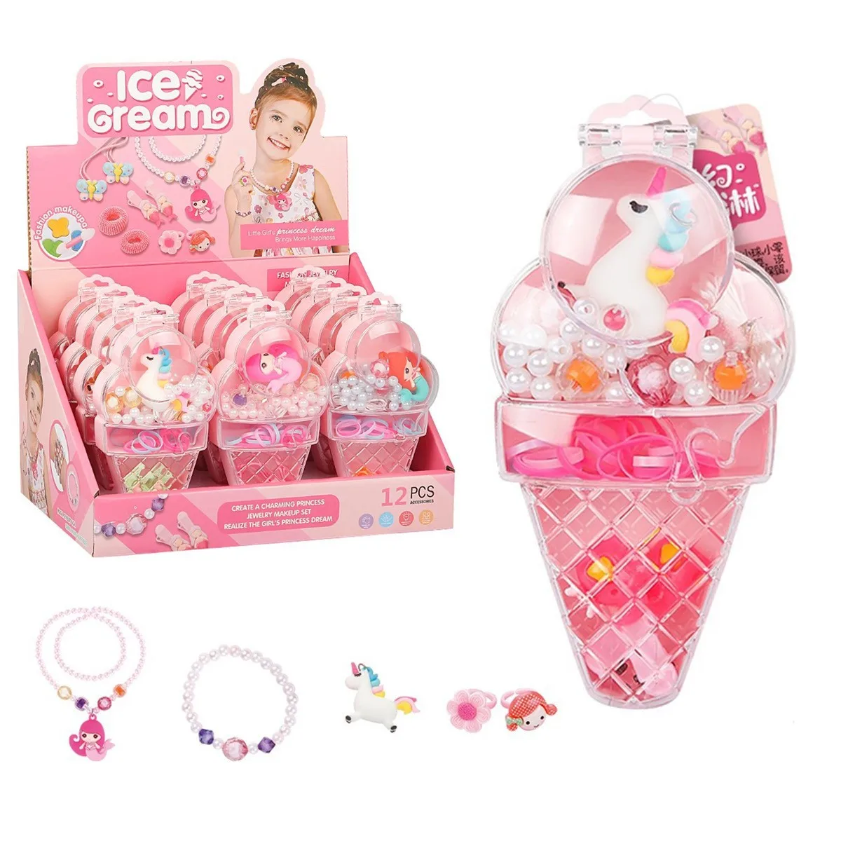 Casa de juegos para niñas, juguetes de abalorios DIY, collar de sirena de unicornio, pulsera hecha a mano, caja de joyería, regalos de cumpleaños para niñas