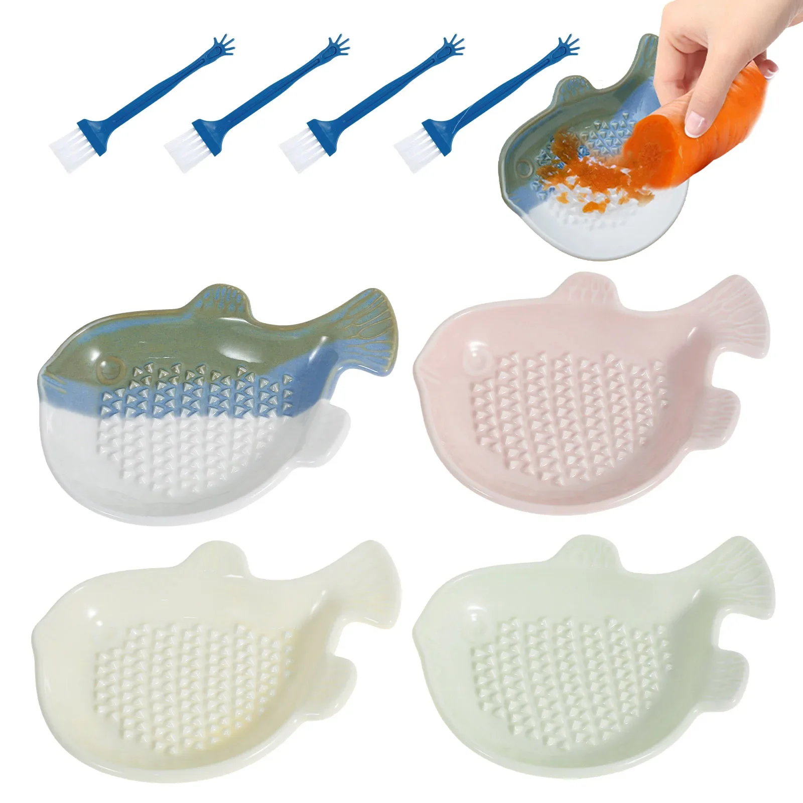 

4Pcs Ceramic Garlic Grater Set Dipping Sauce Tray Hand-Made Grater Plate For Turmeric, Ginger, and more, Fruit puree grinder