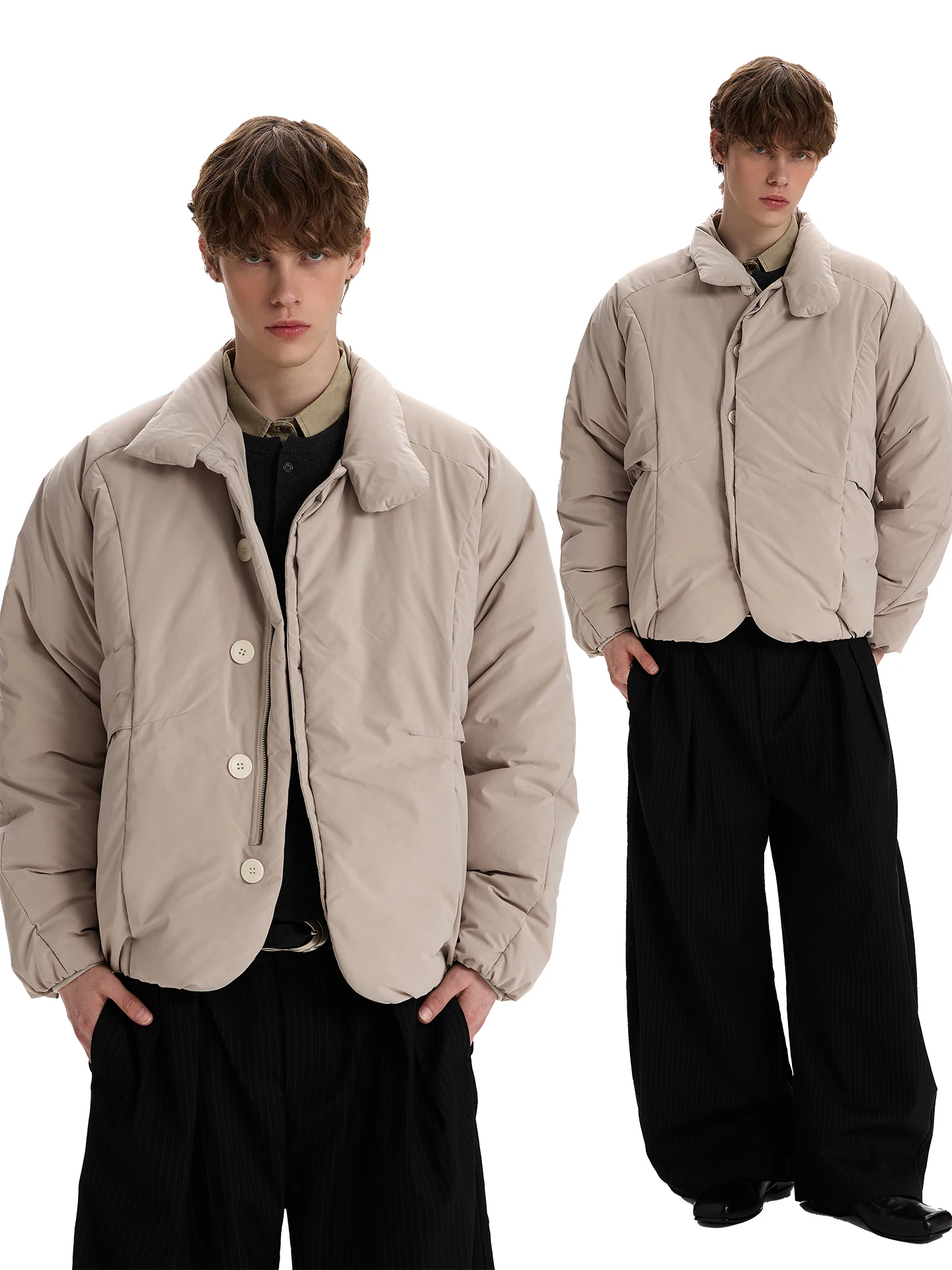 

Мужское зимнее пальто PUEE Retro High-End: белое, утепленное, свободного кроя, универсальное, из хлопка, трендовое