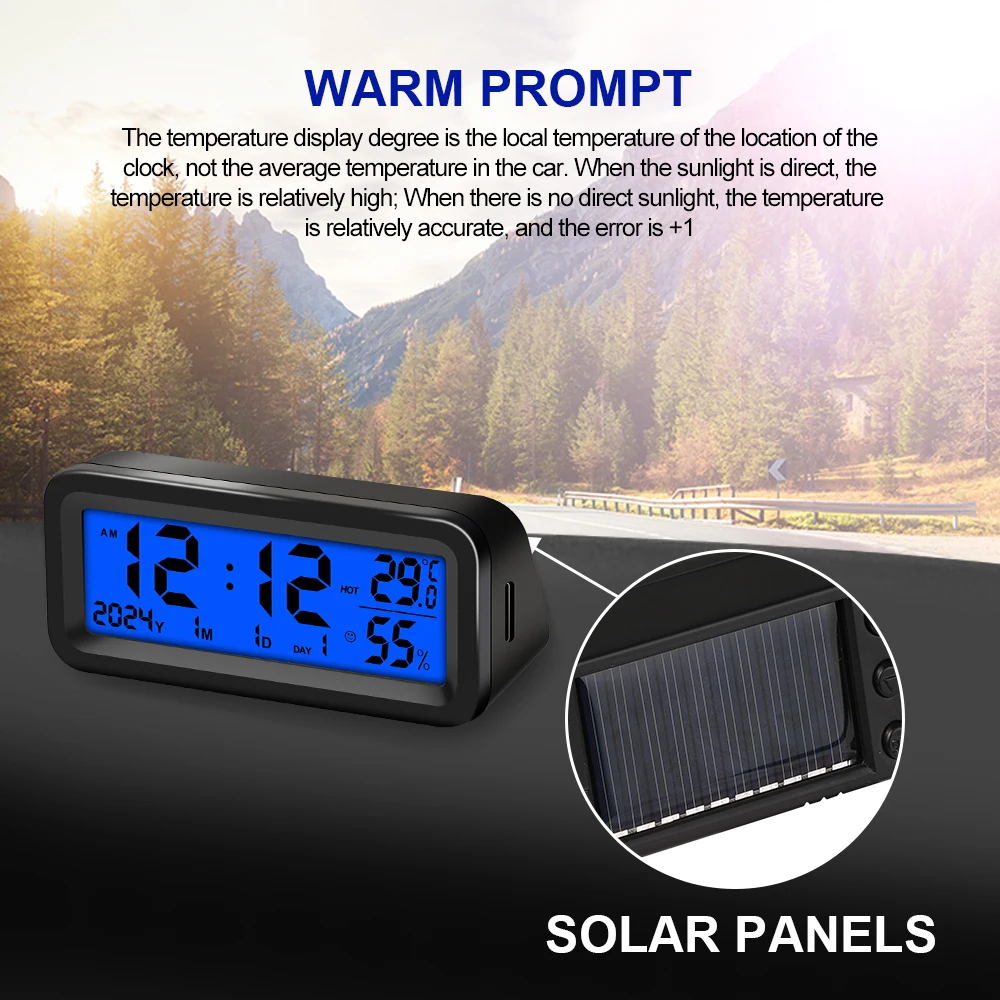 Solar Car Digital Clock Date Week Temperature Humidity LCD Backlit Display for Dashboard Car Clock Automobiles Internal Stick-On