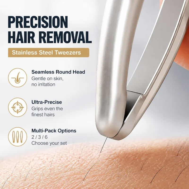 Stainless Steel Precision Tweezers for Eyebrow Facial Hair Removal, Seamless Round Head Clips, Short Hair Beard Grooming