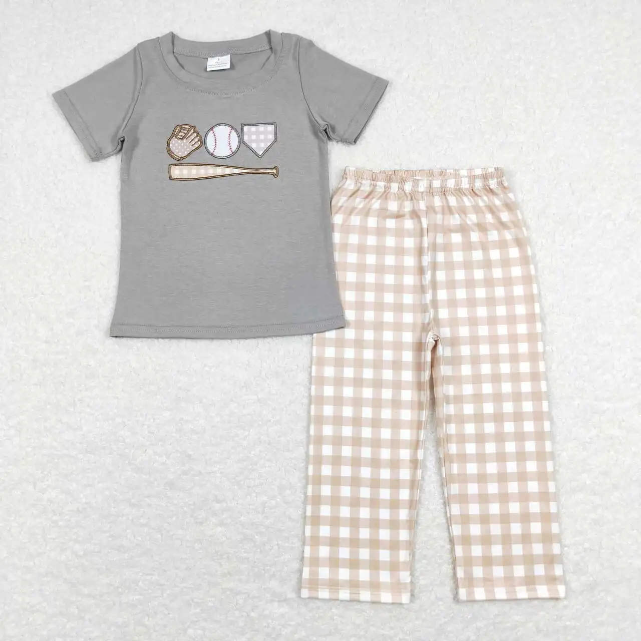 Wholesale hot sale Baby Kids Clothes Embroidered baseball glove gray short sleeve brown and white checkered pants suit