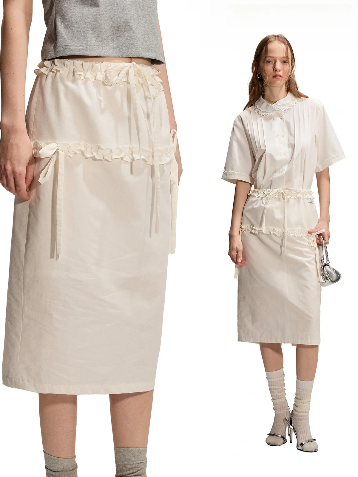 

Ele Commuter-Sle Midi Skirt with Lace Trim Design White A-Line Women's High Waist Cotton Blend f-length Skirt