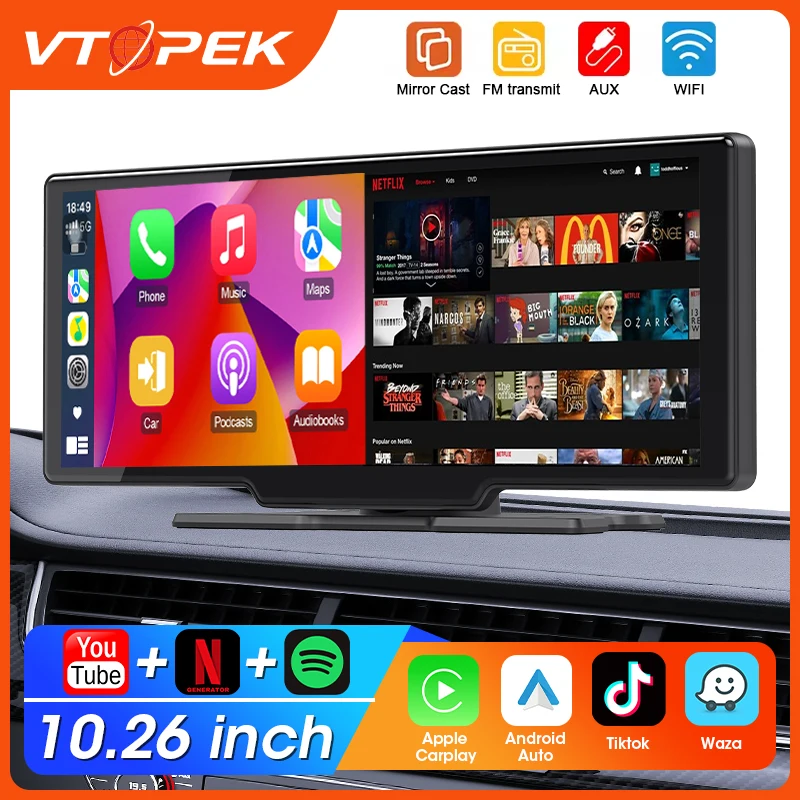 

Vtopek 10,26-дюймовый автомобильный экран Bluetooth Wi-Fi радио мультимедийный видеоплеер беспроводной Carplay Android Auto поддержка YouTube Netflix
