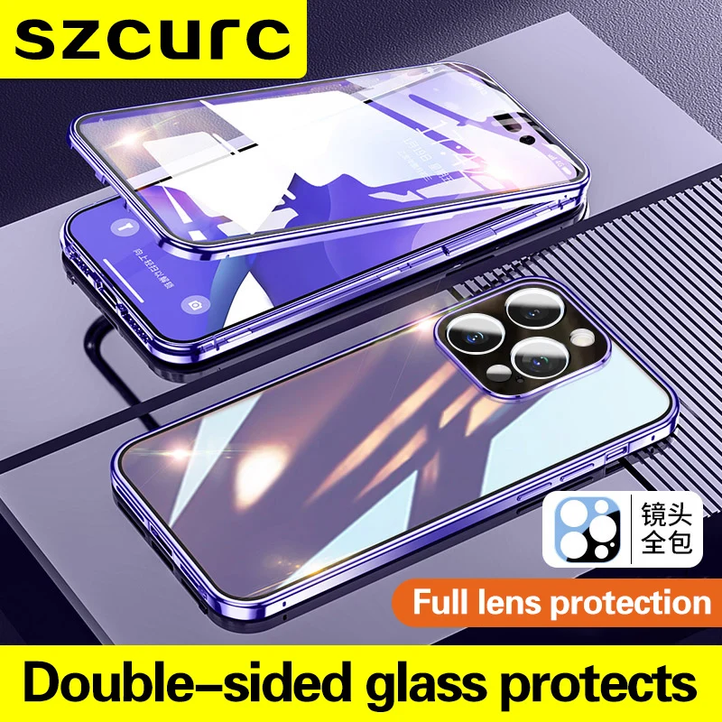 For iPhone 14 Pro Max Glass Phone case.New 360° Full Protection Magnetic Adsorption iPhon 11 13 phone sleeve 12 Mini cover bag