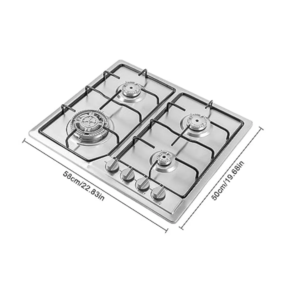 4 Burner 23 Inch Built-In Natural Gas Cooktop with Thermocouple Flameout Protection in Stainless Steel for Home Restaurant Cook