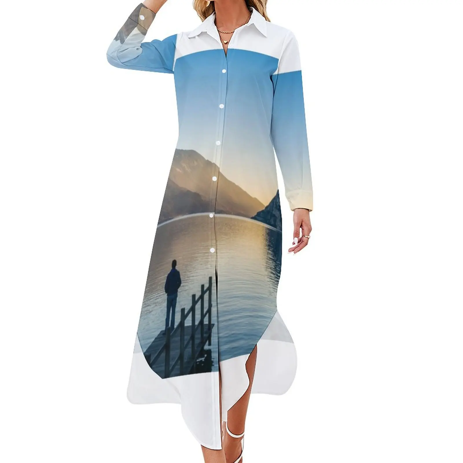 

Lake Garda at sunset,Italy Long Sleeved Shirt Dress dress for woman Women's summer skirt