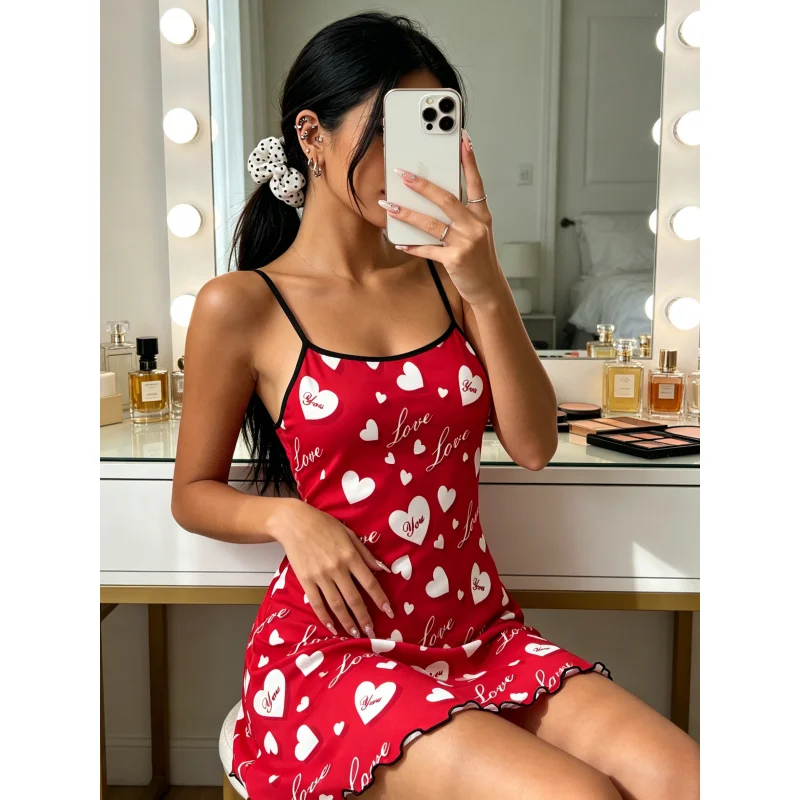 Women Summer Nightdress Spaghetti Strap Ruffle Trim Round Neck Home Loungewear Sleep Dress Romantic Love Heart Print