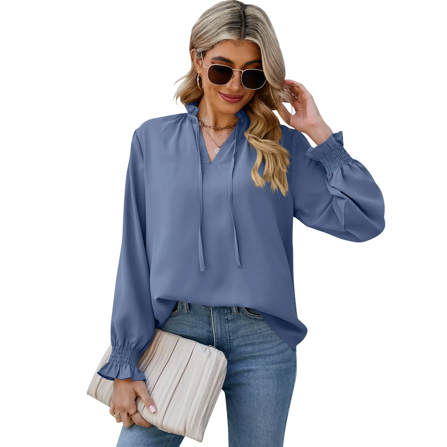 Autumn New Fashion Elegant V-Neck Lace Up Pleated Women\'s Solid Chiffon Shirt Versatile Loose Comfortable Soft Shirt