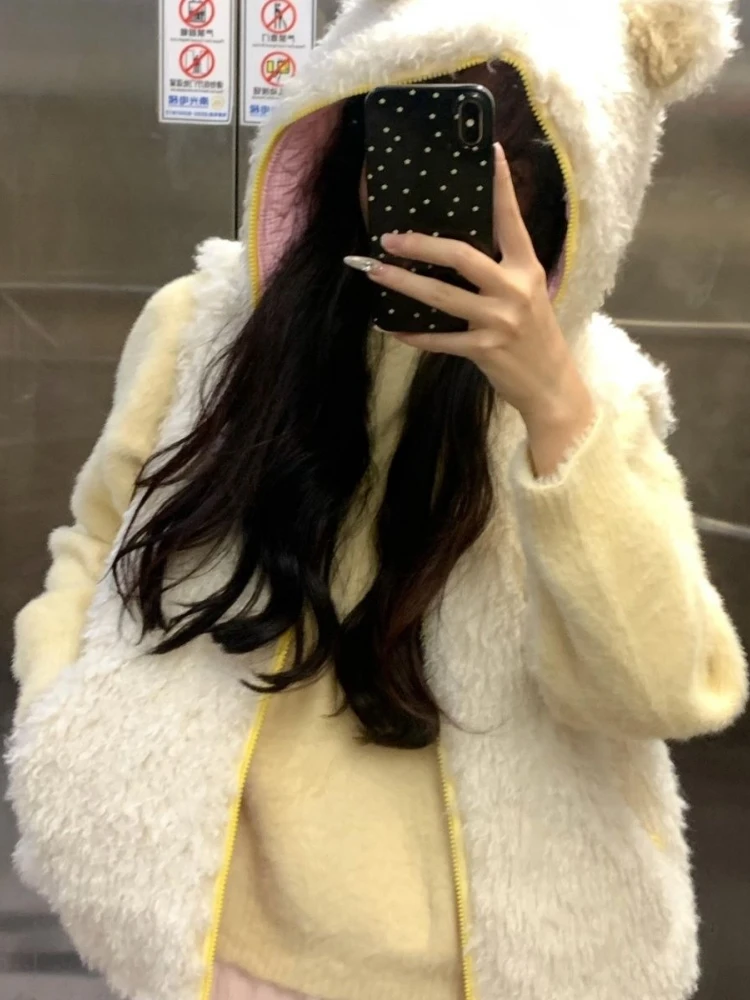 Y2k Estético Casual Casacos Sem Mangas Harajuku Mulheres Zíper ​ ​ Casaco de lã de cordeiro com orelhas de urso fofas jaqueta colete com capuz