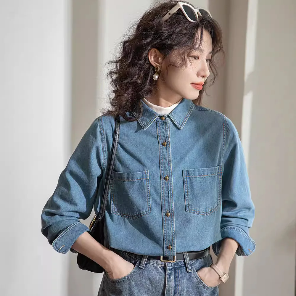 

Women Denim Shirt Top Washed Overshirt Pockets Single Breasted Turn Down Collar Blouse Autumn Streetwear 2025 Vintage Tops