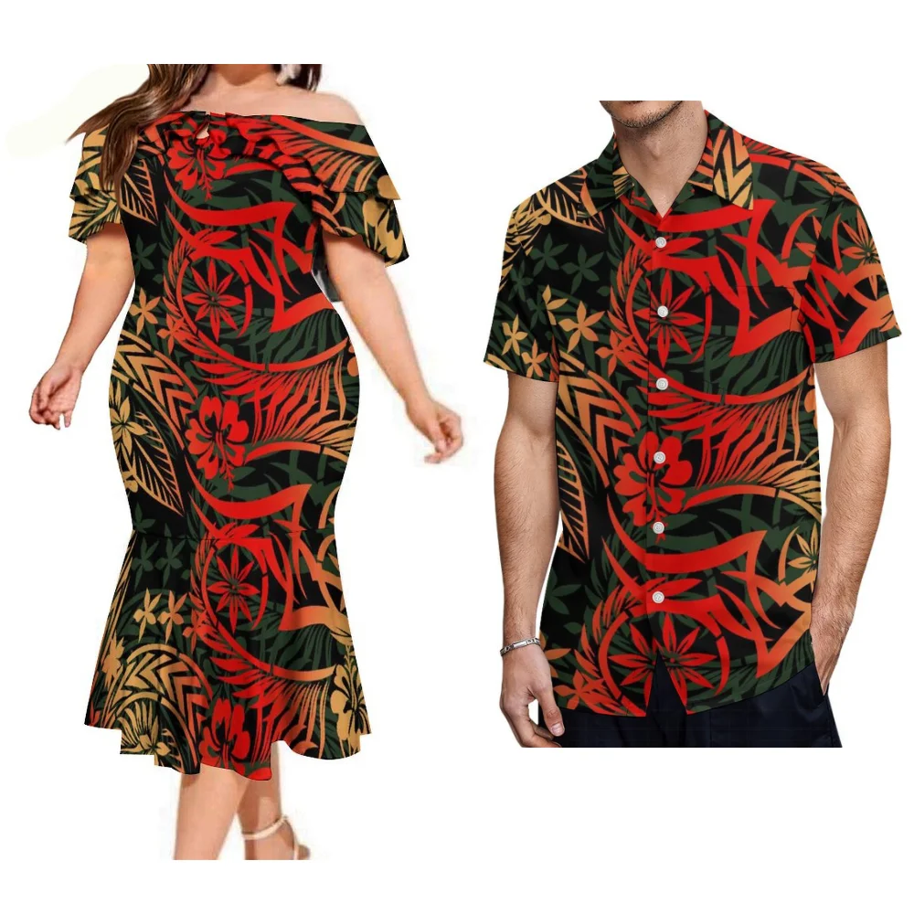 Vêtements de Couple élégants samoans de haute qualité, robe queue de poisson à épaules dénudées pour femmes, chemise pour hommes, vêtements polynésiens pour adultes