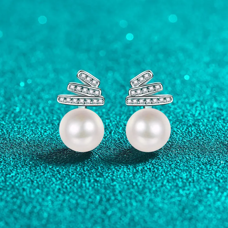

0.15 Ct Moissanite S925 Silver Stud Earrings for Women Plated Pt950 Freshwater Pearl Geometric Lines Ear Studs Jewelry Wholesale