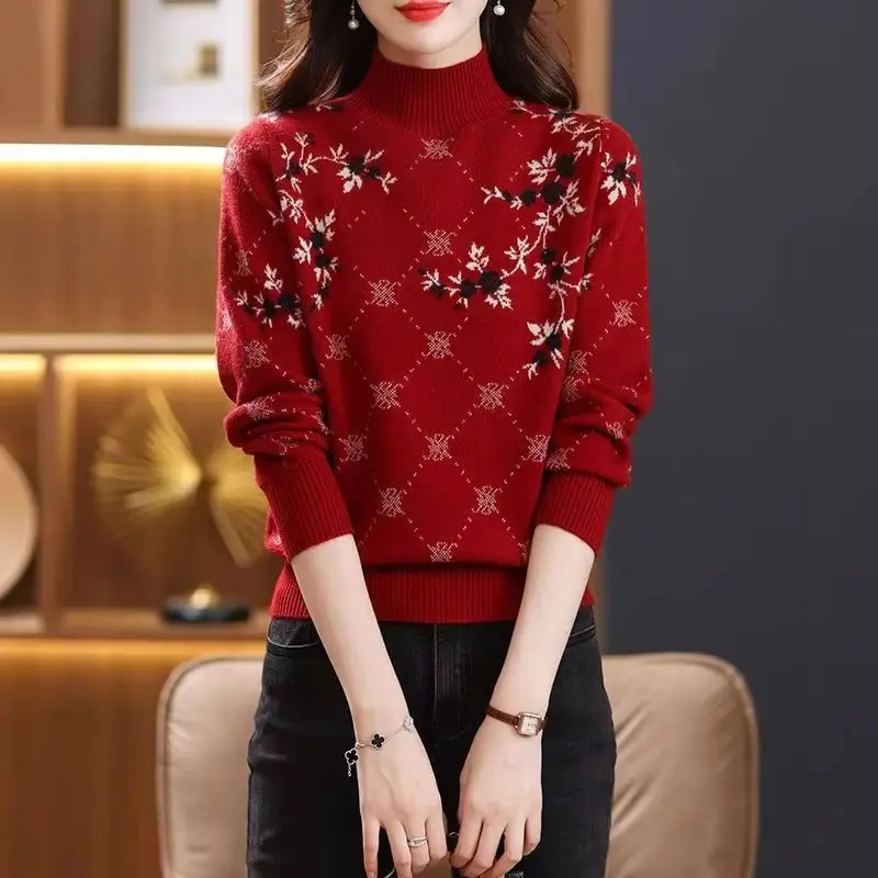 

Autumn Winter New 2025 Korean Warm Half High Collar Knitted Sweater Women Loose Casual Fashion Pullovers Female Knitwear Tops