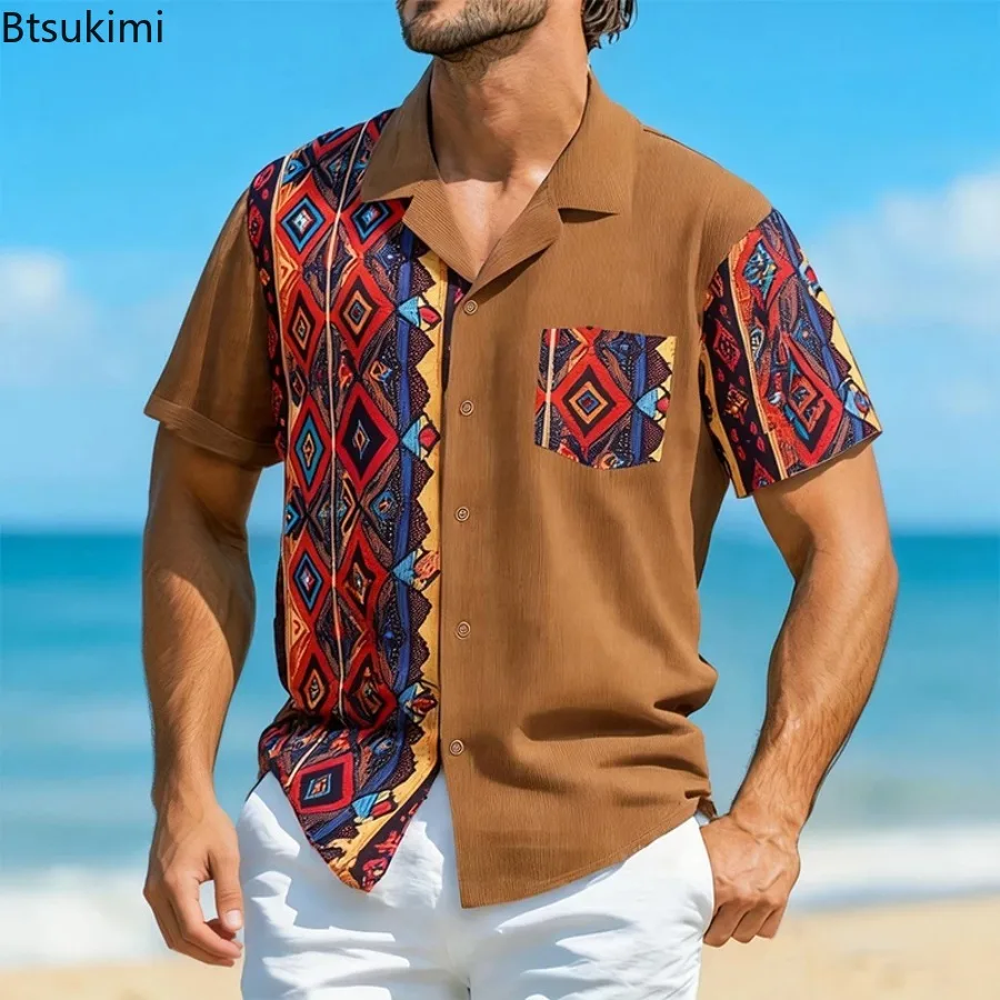 

2026 New Men's Ethnic Printing Shirts Short Sleeve Summer Solid Color Retro Cardigan Tops Fashion Streetwear Daily Lapel Blouse