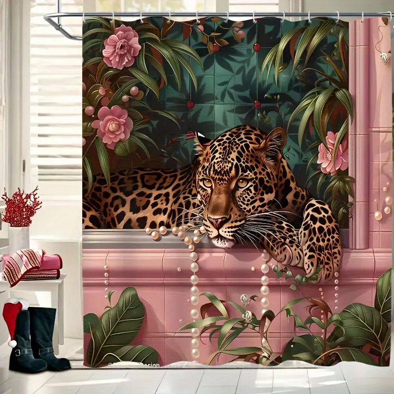 A Tropical Leopard Shower Curtain: Transform Your Bathroom into a Luxurious Jungle Oasis with This Stunning Design Featuring - view 5