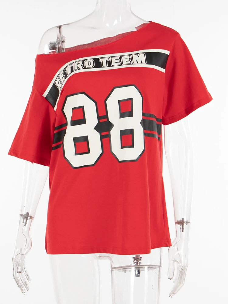 Americano retro y2k fora do ombro manga curta camiseta feminina verão casual solto ajuste algodão topo carta impressão streetwear estilo legal