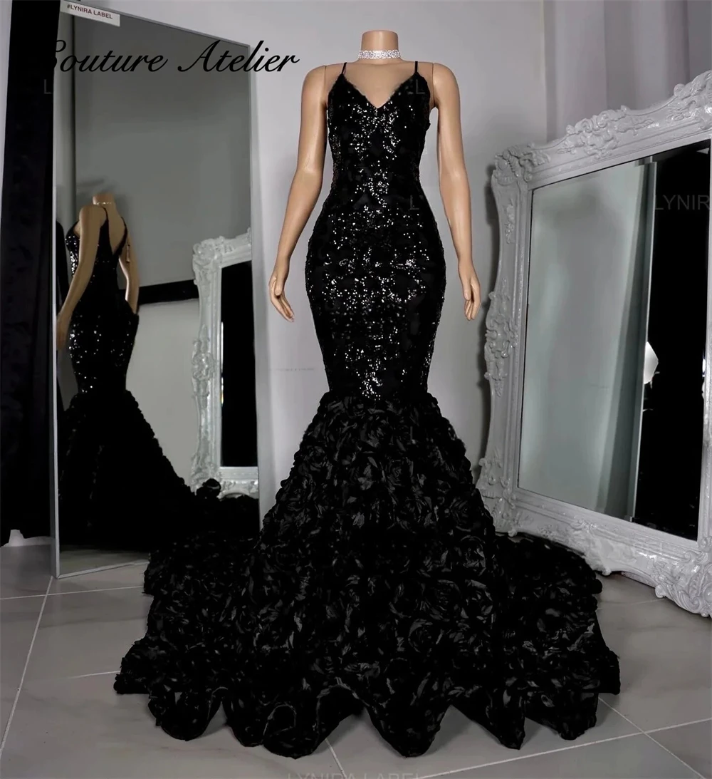 Spaghetti Black Squined Lace Prom Dresses 2024 For Black Girls Birthday Party Dress Mermiad African Evening Gown Customized