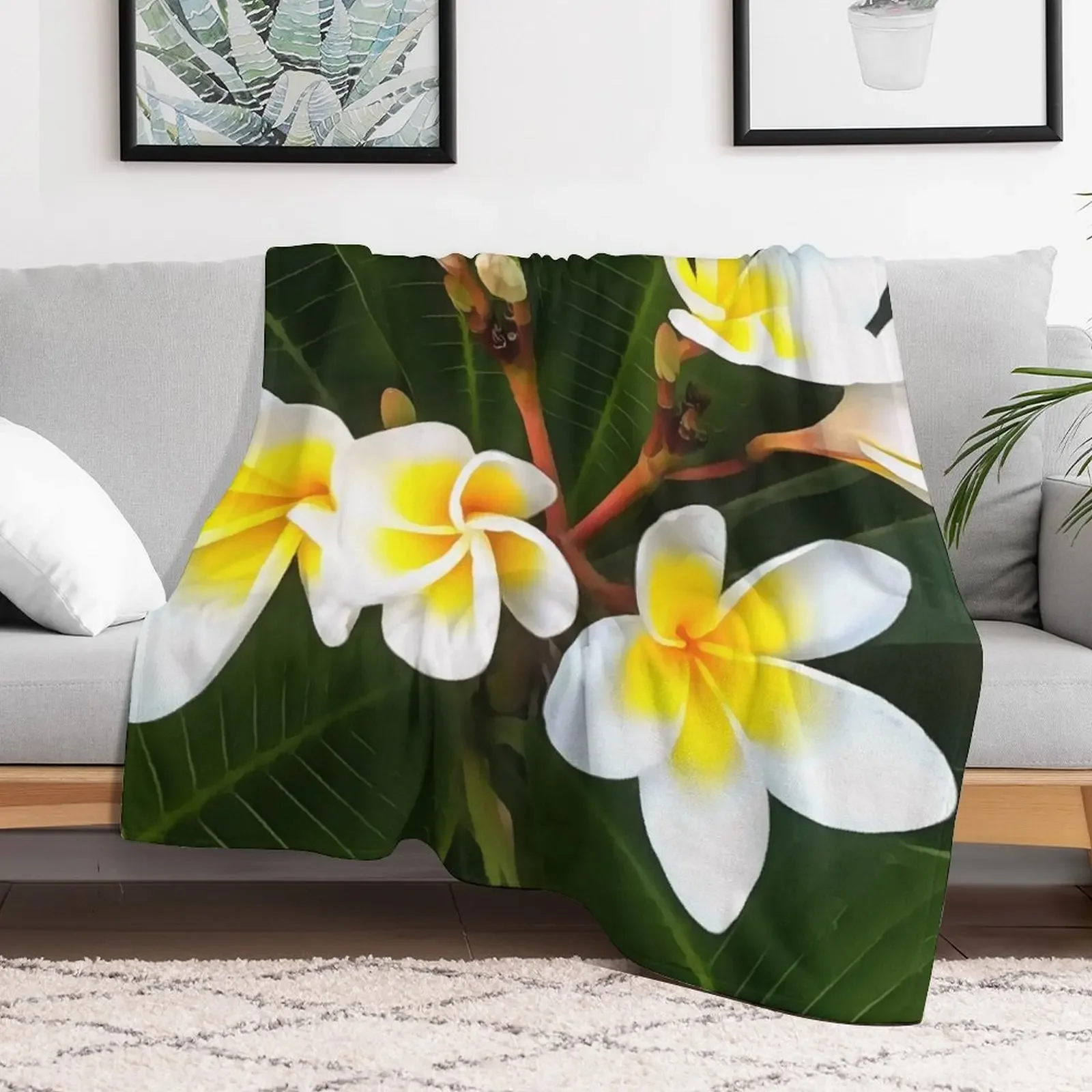Frangipani Blossom Cluster Artistic Style Throw Blanket Fluffy Cozy Throw Blanket for Home Decor