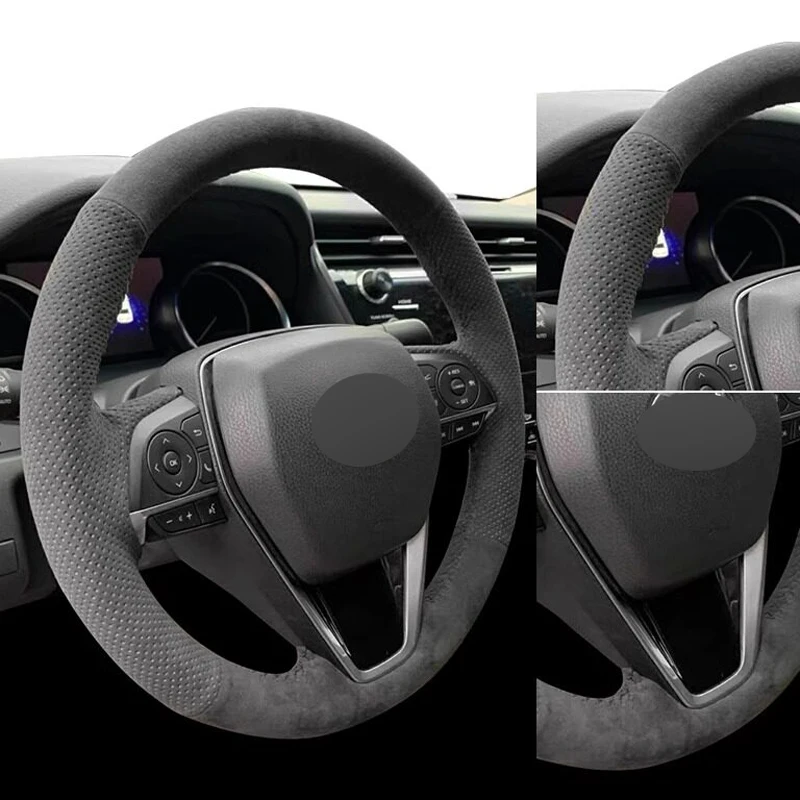 Genuine Leather Black Thread Hand Sewing Steering Wheel Cover for Alcantera Car Accessories for Toyota Camry Corolla RAV4 Avalon