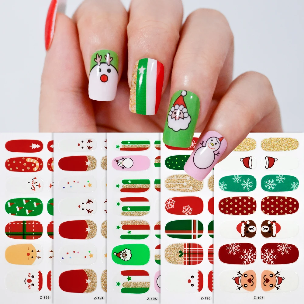 1 stks Kerst Rood Groen Volledige Cover Nail Sticker Plaid Streep Kerstman Nail Art Decals Sneeuwvlokken Cartoon Manicure Decoratie