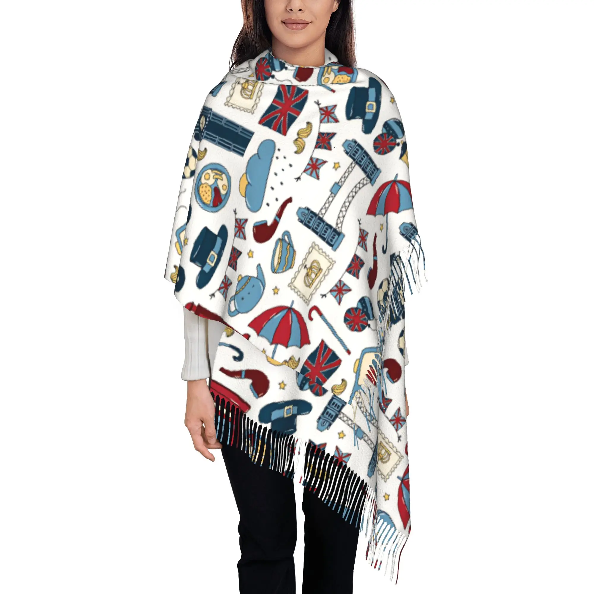 Custom Printed Hand Drawn London UK Travel Doodle Scarf  Men Women Winter Fall Warm Scarves  Shawl Wrap