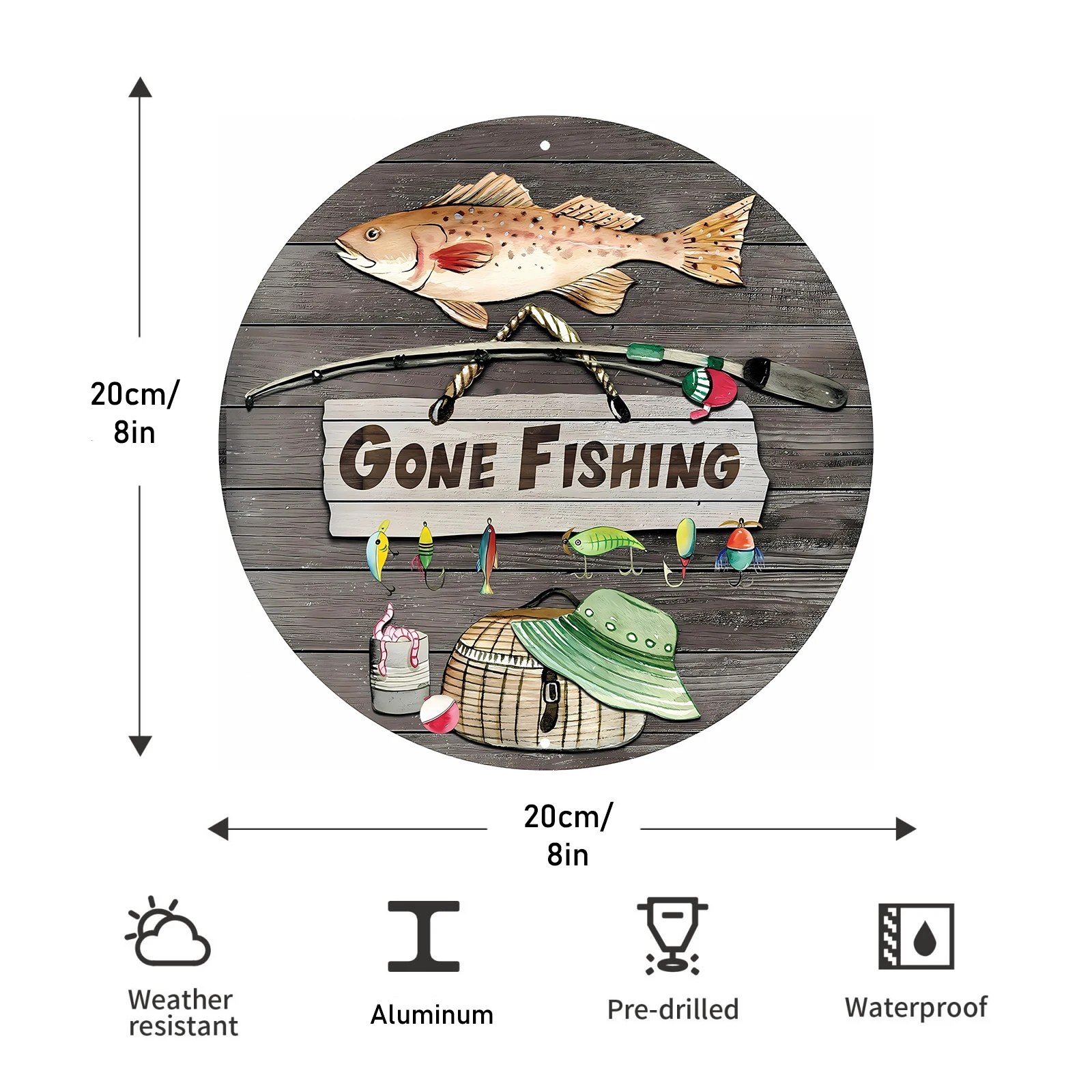 1pc Round Aluminum Sign Fishing Club This Way Lake Sign Fishing Lodge Sign Bait Shop Decor for Home Kitchen Bar Garage 8x8 Inch