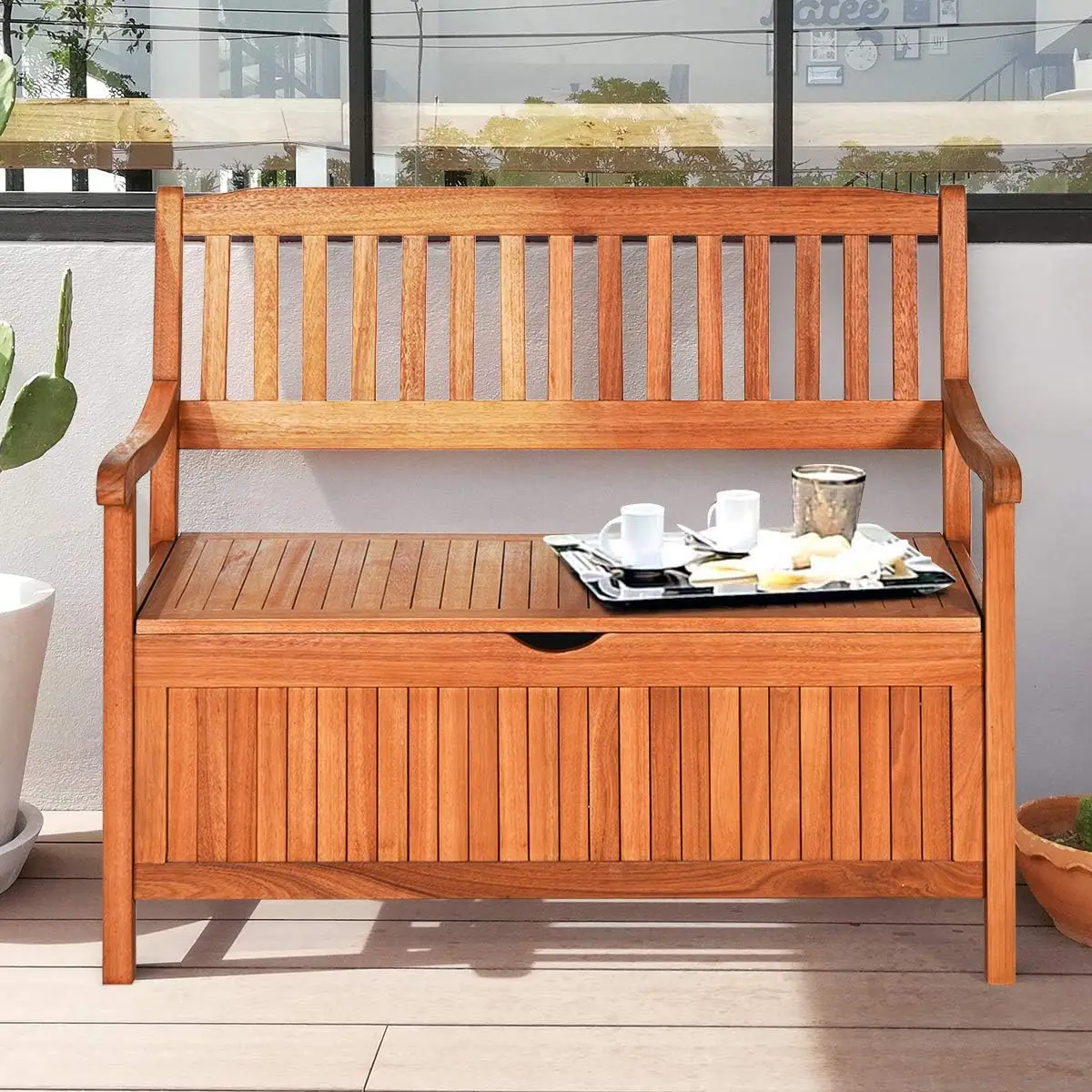 Tangkula Wooden Outdoor Storage Bench Large Deck Box, Entryway Storage Bench W/Inner Removable Dustproof Lining And Portable