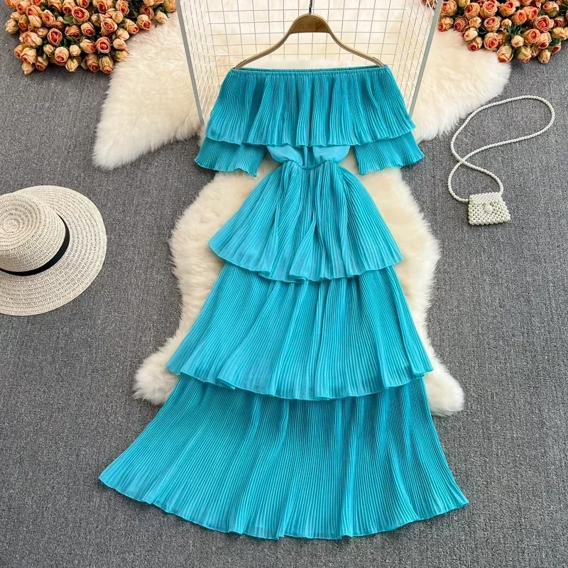 A linha moda primavera verão praia vestidos femininos vestidos longos vintage elegante plissado slash neck manga curta em camadas bolo vestido