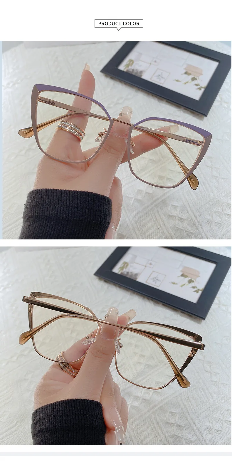 Neue Mode Marke Design Retro Cat Eye Rahmen Photochrome Anti Blau Licht Computer Frauen Lesebrille Weitsichtige Dioptrien 0-6 – Detail 9