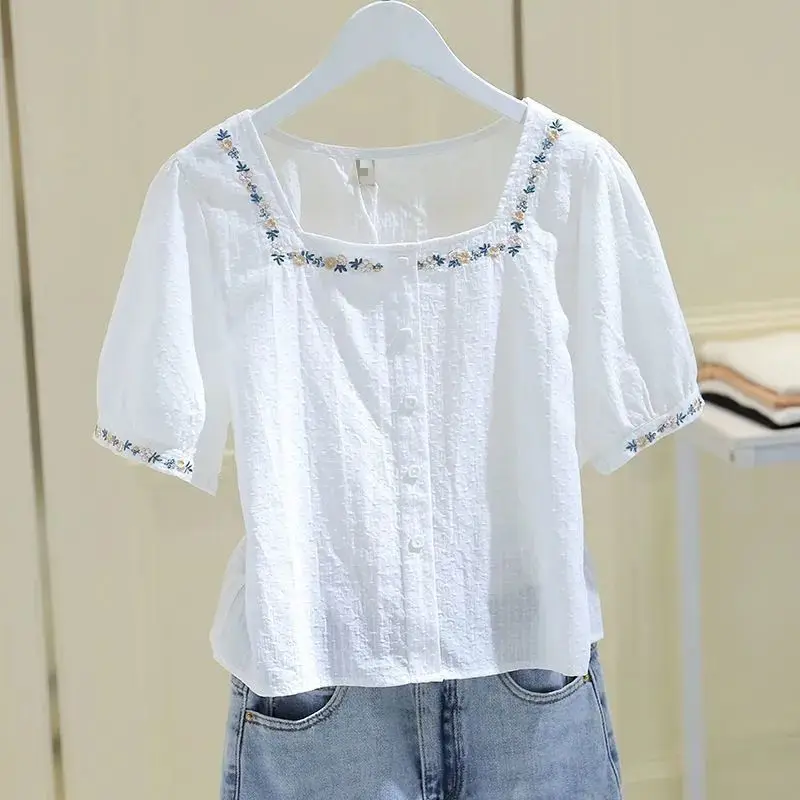 Embroidery Shirts and Blouses Korea Summer Top 2024 Elegant Youth Woman Blouses Button Square Collar Short Sleeve Clolthes New