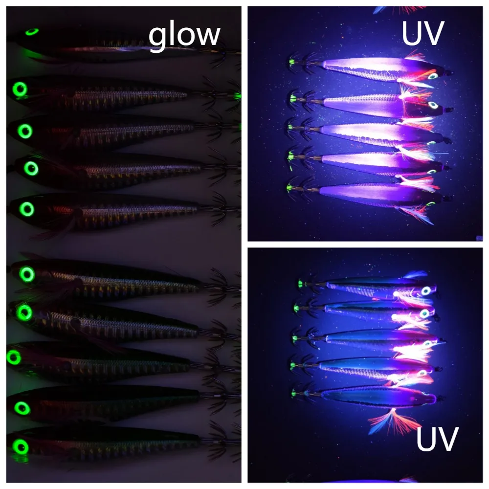 5pcs UV Horizontal Squid Jig 10.5cm Laser Holographic Body Wood Shrimp Luminous Realistic Egi Lure Sea Octopus Fishing Tackle view 3