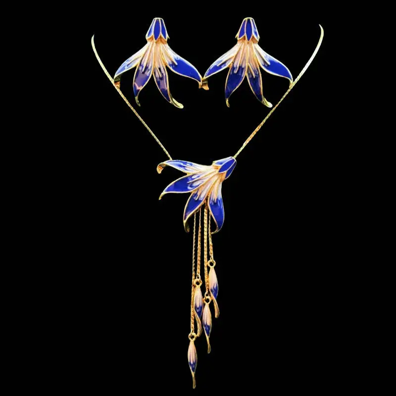 تشينغداو-المينا رسمت قلادة شرابة والأذن مجموعة ، العصور الوسطى خمر الأعمال الثقيلة ، نمط القصر الرجعية ، أنيقة #1