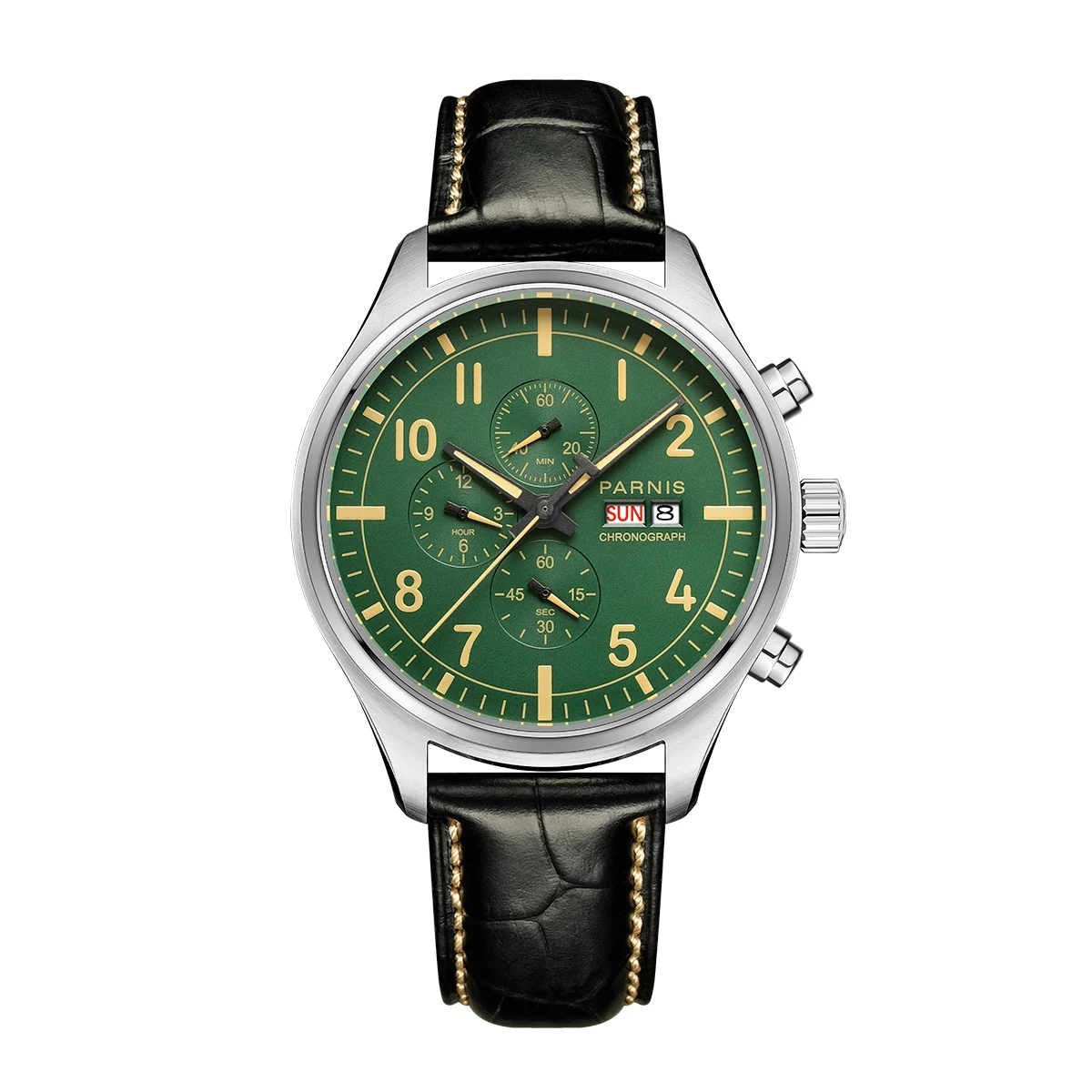 

Parnis 43mm Green Dial Quartz Watch Chronograph Calendar 100m Waterproof Leather Strap Men Wristwatch With Box Gift 2024 Clock