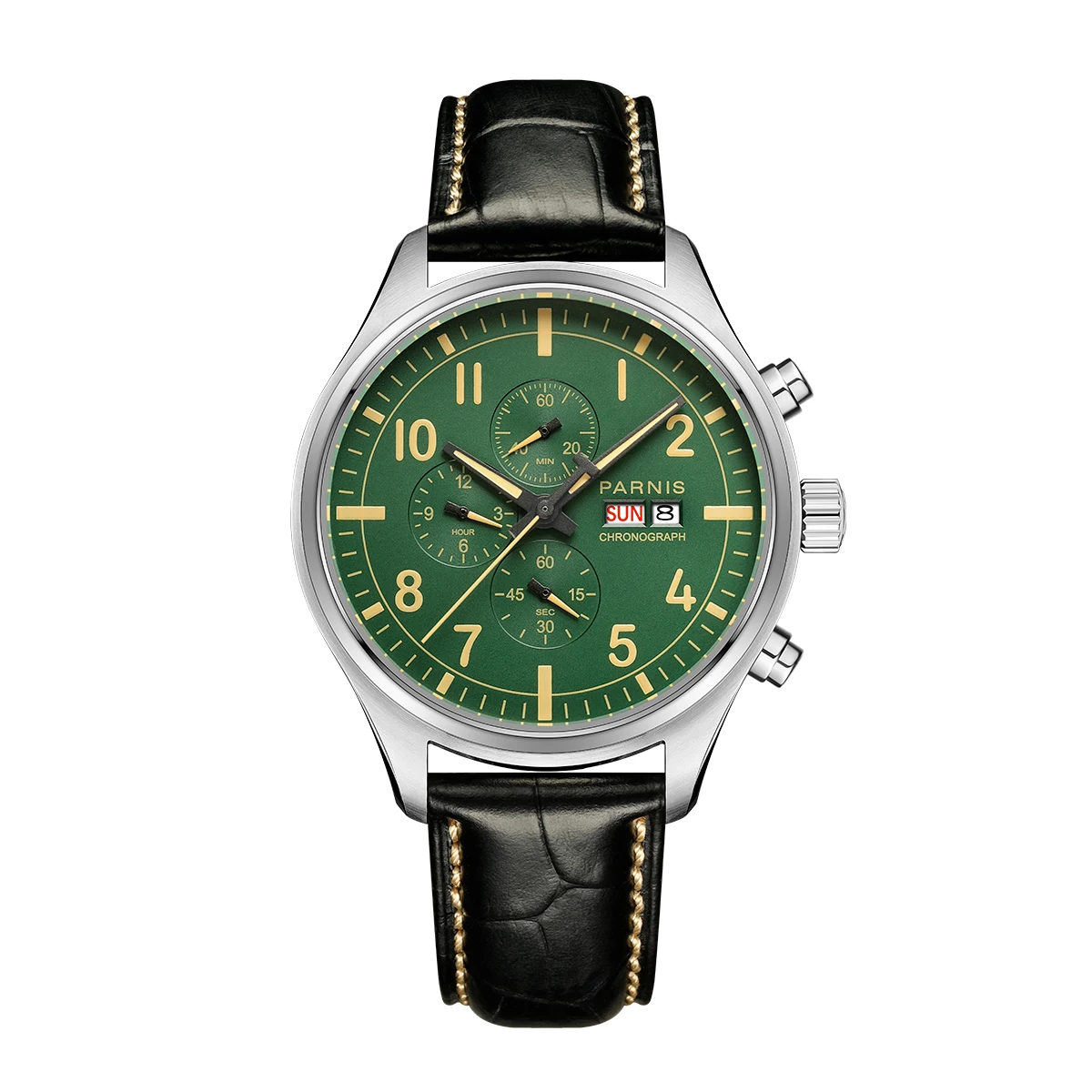 Parnis 43mm Green Dial Quartz Watch Chronograph Calendar 100m Waterproof Leather Strap Men Wristwatch With Box Gift 2024 Clock