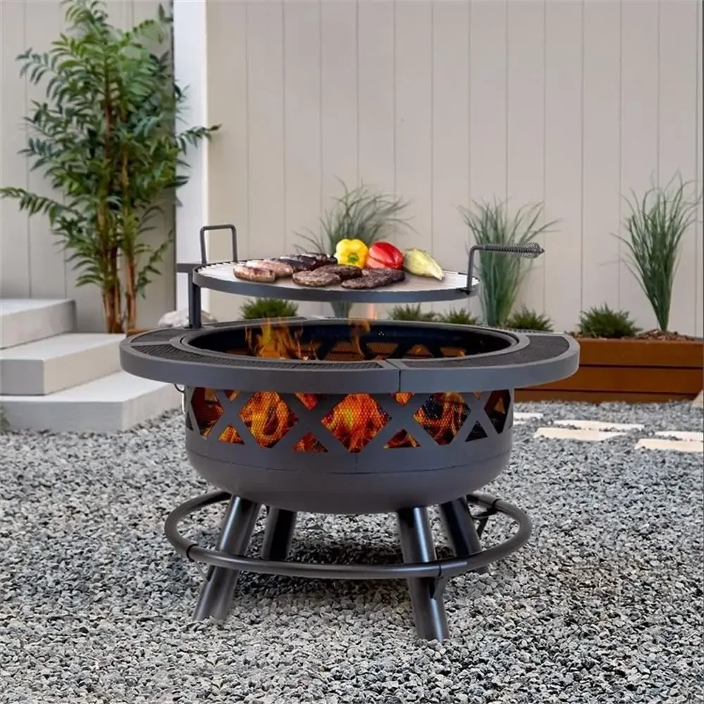 32 Outdoor Leisure Round Fire Pit with Cooking Shelf