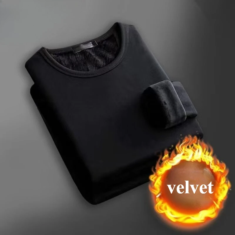 Autumn Winter Men Fleece‑Lined Crew Neck Thermal Undershirt Slim Fit Solid Color Male Long Sleeve Base Layer Top