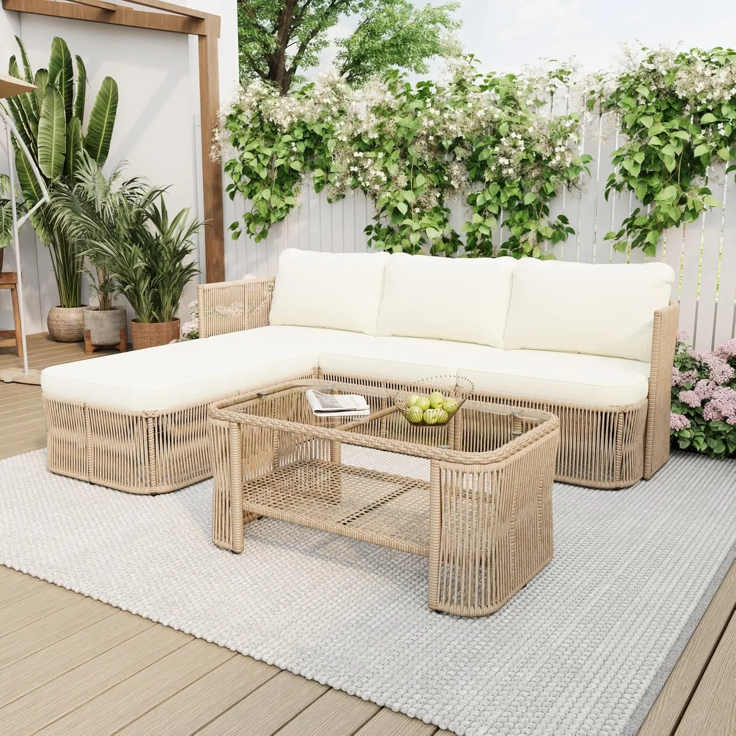 Four Piece Patio Furniture Set L Shaped Outdoor Wicker Modular Sectional Sofa Thick Cushions Glass Top Coffee Table Rattan Conve