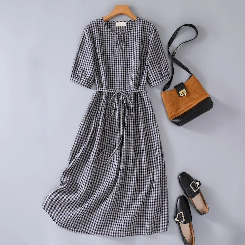 

Vintage Plaid Dress Women Fashion Lace Up Waist Mid Sleeve Dressess Casual Loose Mid Length Dress Summer Thin Aesthetic Dress