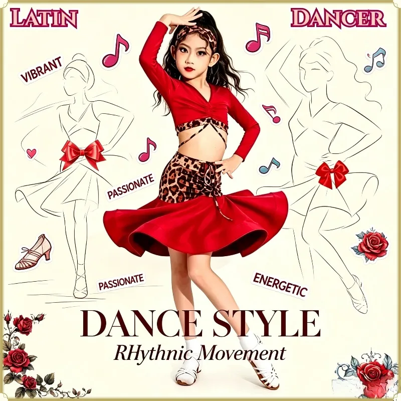 

Latin Dance Dress Leopard Print Girls Luxury Ballroom Costume Fashion Practice Skirt Kids Competition Stage Performance Training