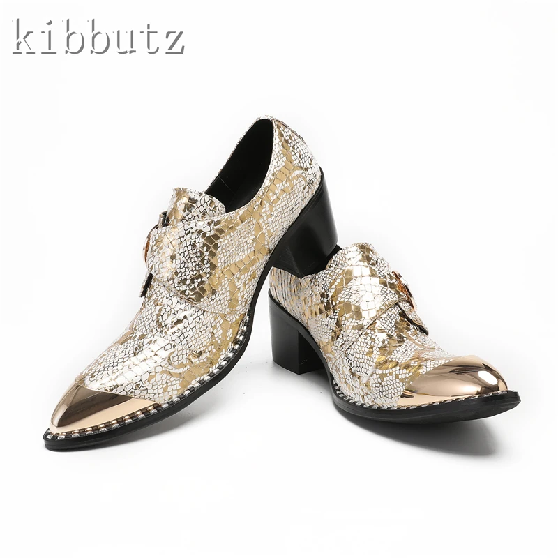 

Men Business Dress Leather Shoes Luxury Metal Pointed Toe Genuine Leather Prints Rivets Slip On Fashion Party and Wedding Shoes