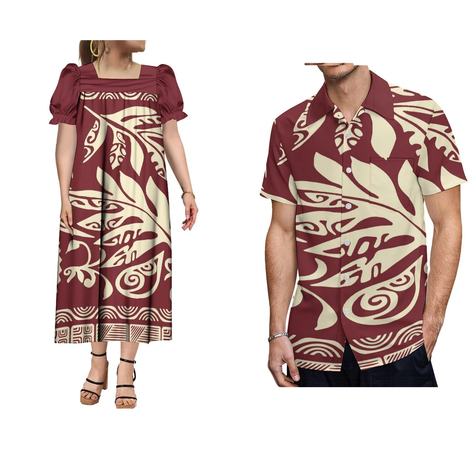 

Summer new MUMU Puffed Sleeve Women's Dress Men's Short Sleeve Shirt Polynesian Print Custom Couple Suit